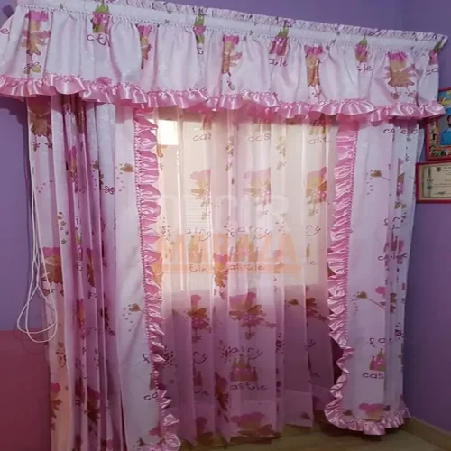 cortinas con bobos tull estampado y cenefa para riel de niñas